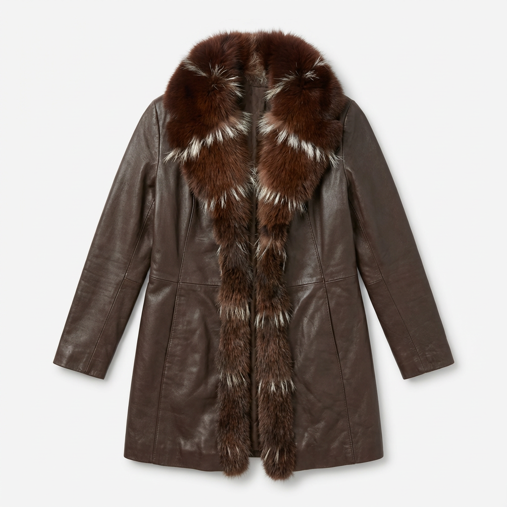 Plage Paloma manteau cuir et fourrure marron